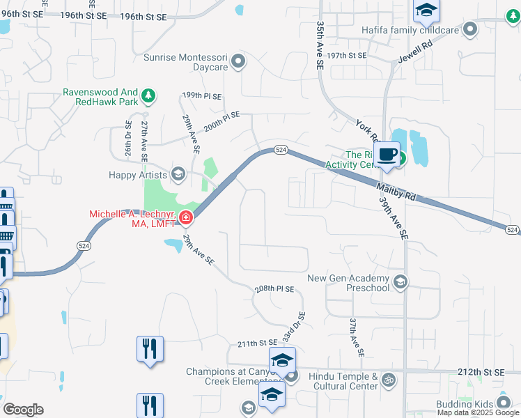 map of restaurants, bars, coffee shops, grocery stores, and more near 20412 32nd Drive Southeast in Bothell
