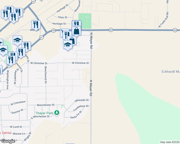 map of restaurants, bars, coffee shops, grocery stores, and more near 14885 North Meyer Road in Rathdrum