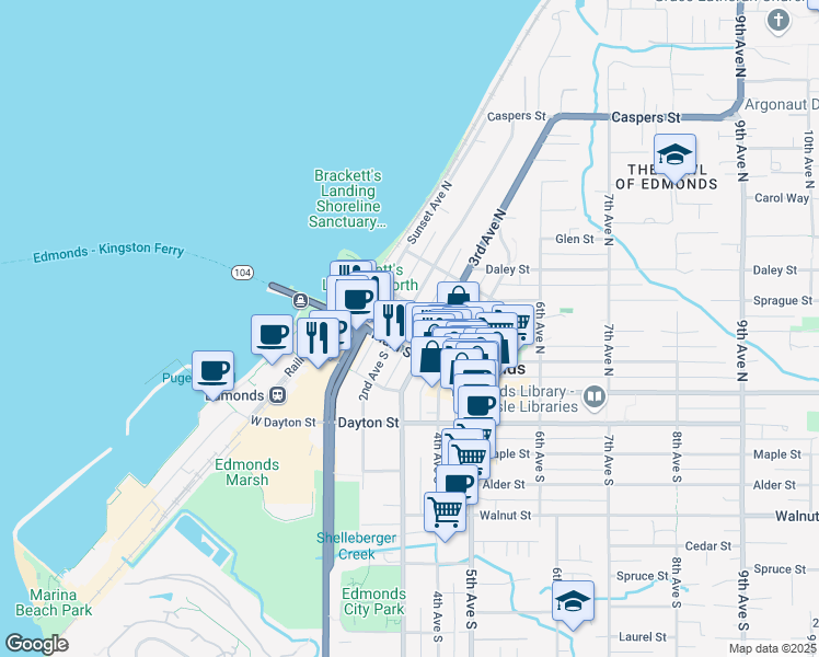 map of restaurants, bars, coffee shops, grocery stores, and more near 125 2nd Avenue South in Edmonds