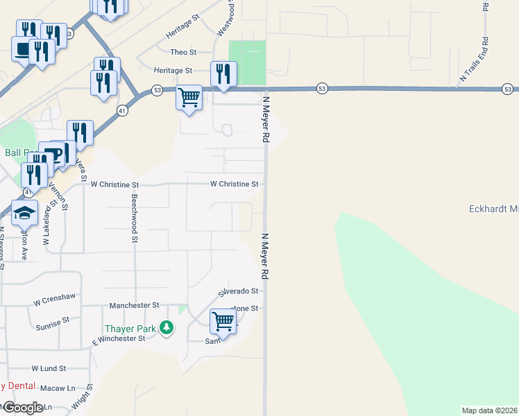 map of restaurants, bars, coffee shops, grocery stores, and more near 14885 North Meyer Road in Rathdrum