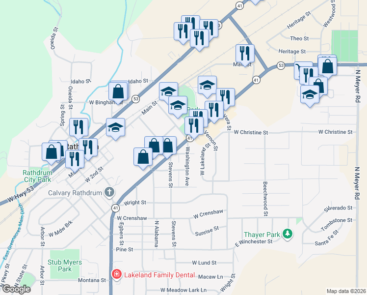 map of restaurants, bars, coffee shops, grocery stores, and more near 15375 Washington Avenue in Rathdrum