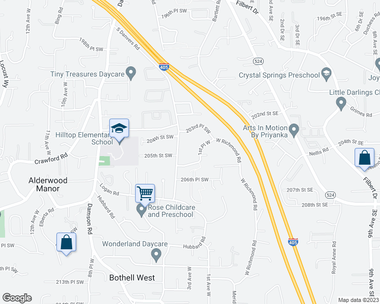 map of restaurants, bars, coffee shops, grocery stores, and more near 20431 South Danvers Road in Lynnwood