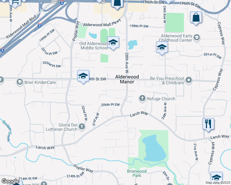 map of restaurants, bars, coffee shops, grocery stores, and more near 2906 205th Place Southwest in Lynnwood