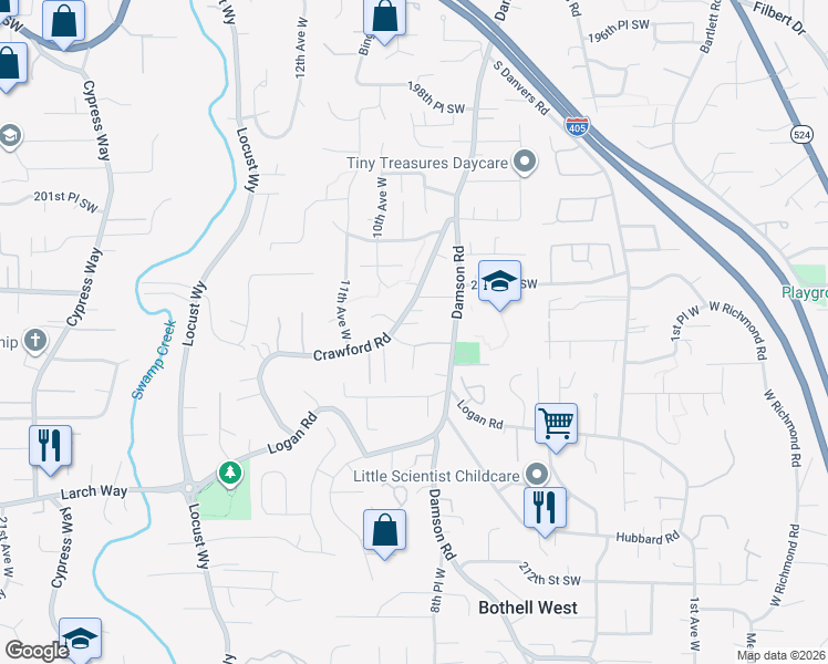 map of restaurants, bars, coffee shops, grocery stores, and more near 20423 Crawford Road in Lynnwood
