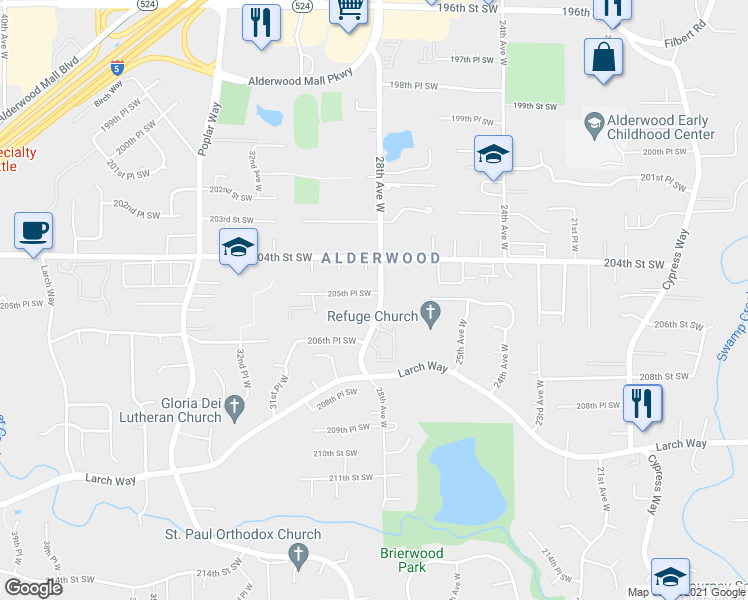 map of restaurants, bars, coffee shops, grocery stores, and more near 2806 205th Place Southwest in Lynnwood