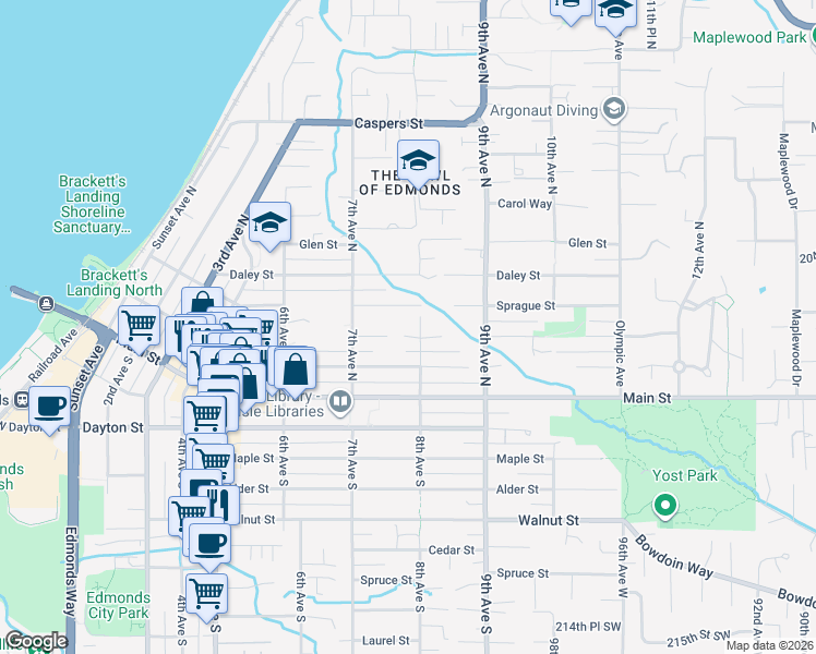 map of restaurants, bars, coffee shops, grocery stores, and more near 745 Edmonds Street in Edmonds