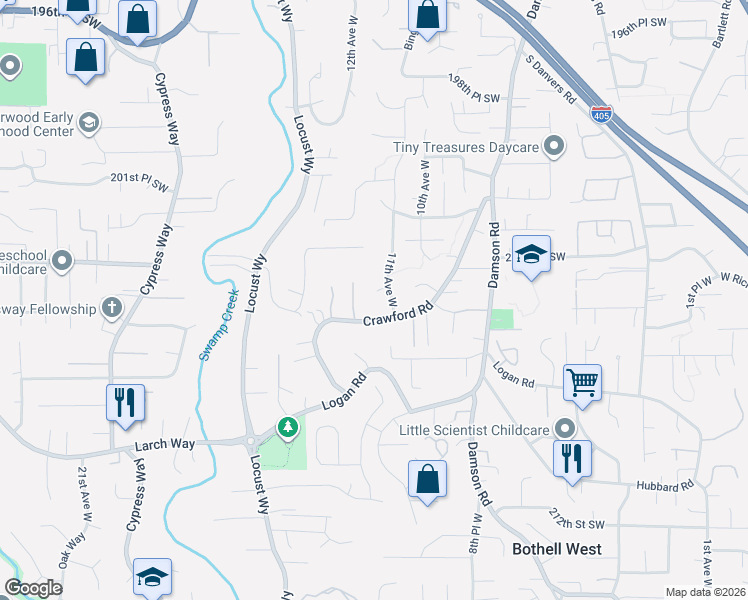 map of restaurants, bars, coffee shops, grocery stores, and more near 1126 204th Place Southwest in Lynnwood