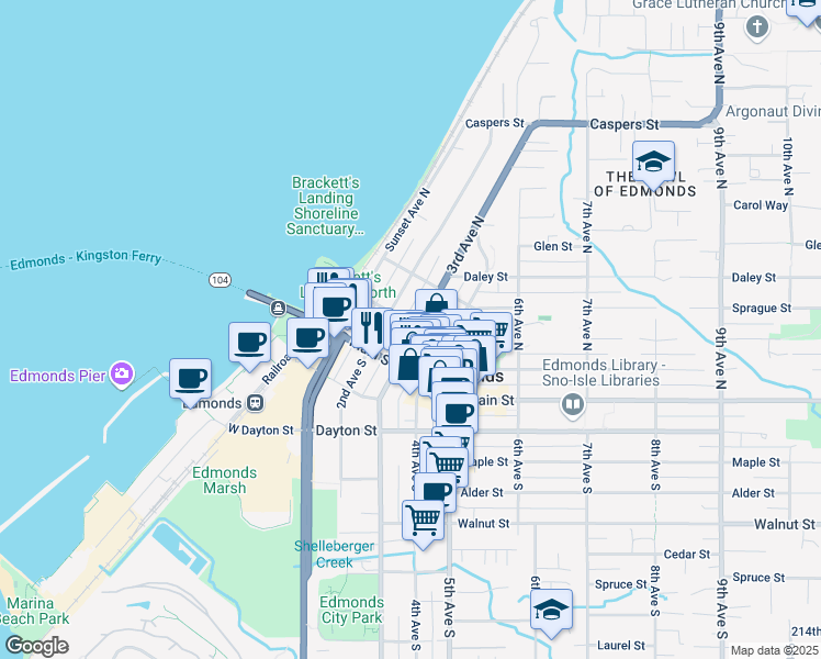 map of restaurants, bars, coffee shops, grocery stores, and more near 189 3rd Avenue North in Edmonds