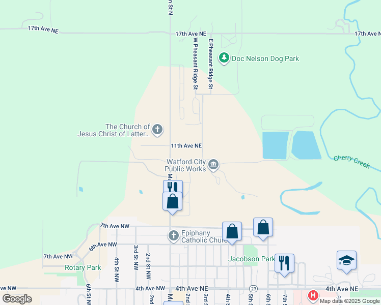 map of restaurants, bars, coffee shops, grocery stores, and more near 209 11th Avenue Northeast in Watford City