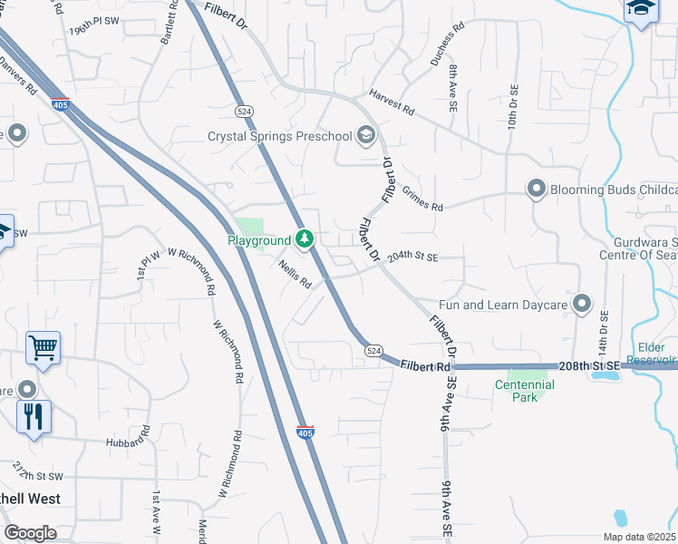 map of restaurants, bars, coffee shops, grocery stores, and more near 306 204th Place Southeast in Bothell