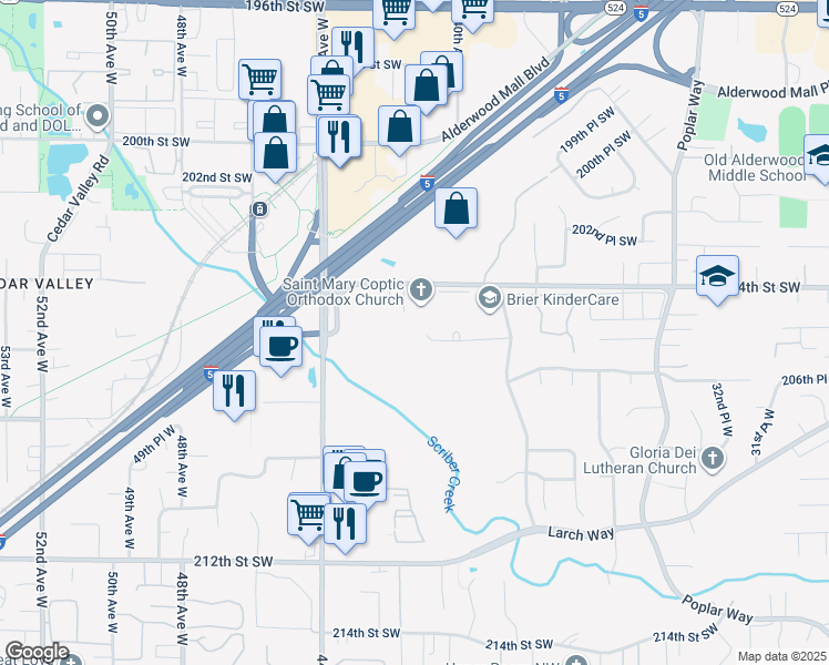 map of restaurants, bars, coffee shops, grocery stores, and more near 4111 205th Place Southwest in Lynnwood