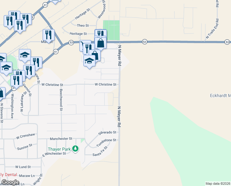 map of restaurants, bars, coffee shops, grocery stores, and more near 14885 North Meyer Road in Rathdrum