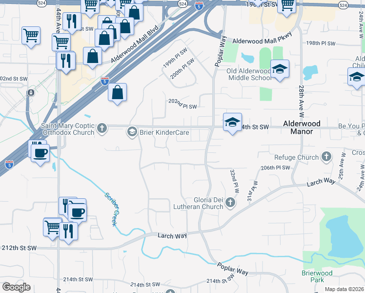 map of restaurants, bars, coffee shops, grocery stores, and more near 3511 205th Place Southwest in Lynnwood