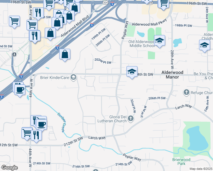 map of restaurants, bars, coffee shops, grocery stores, and more near 3511 205th Place Southwest in Lynnwood