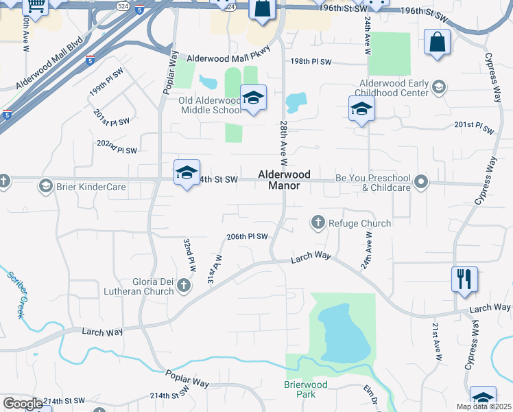 map of restaurants, bars, coffee shops, grocery stores, and more near 2906 205th Place Southwest in Lynnwood