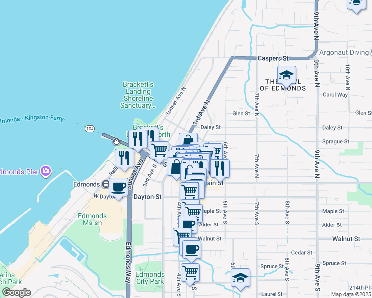 map of restaurants, bars, coffee shops, grocery stores, and more near 189 3rd Avenue North in Edmonds