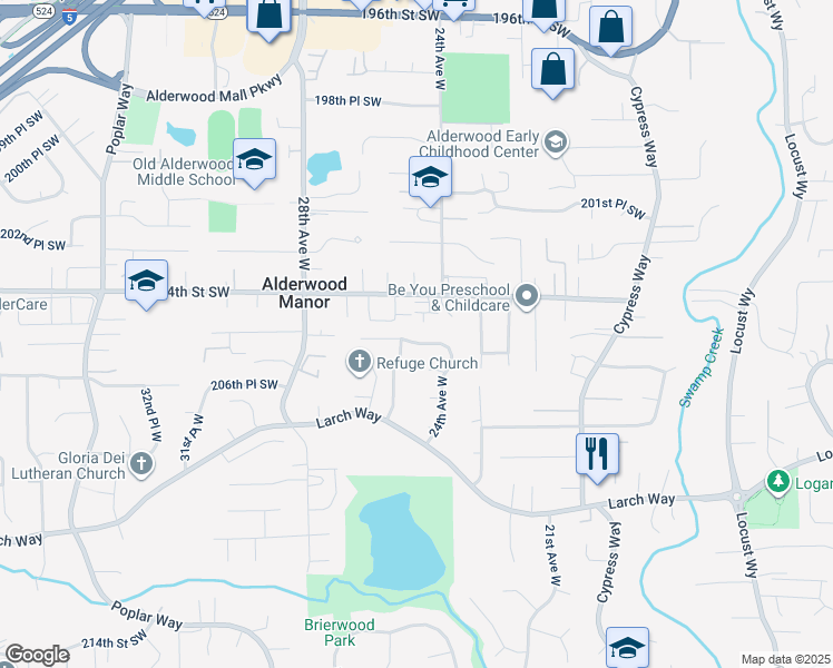 map of restaurants, bars, coffee shops, grocery stores, and more near 2425 205th Place Southwest in Lynnwood