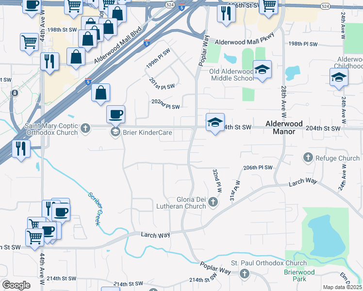 map of restaurants, bars, coffee shops, grocery stores, and more near 3415 205th Place Southwest in Lynnwood