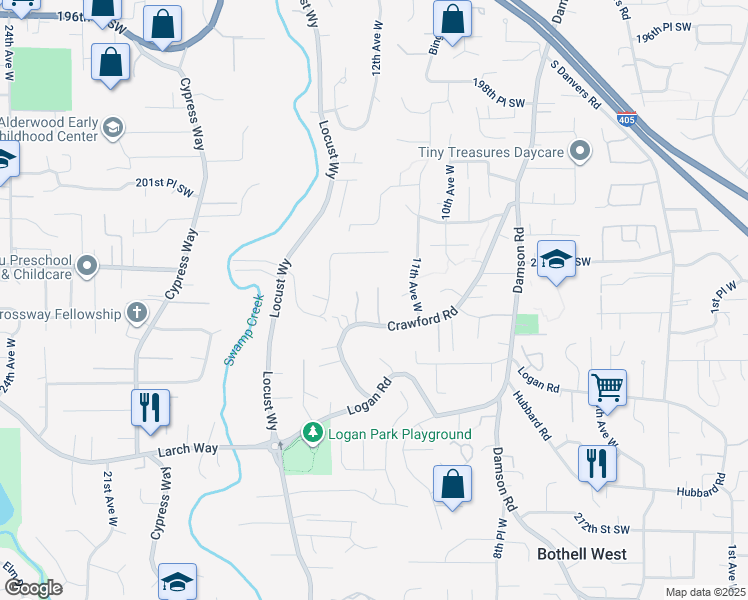 map of restaurants, bars, coffee shops, grocery stores, and more near 20426 12th Place West in Lynnwood