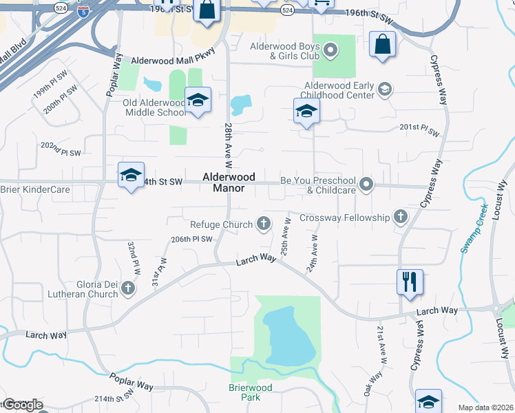 map of restaurants, bars, coffee shops, grocery stores, and more near 2627 205th Place Southwest in Lynnwood
