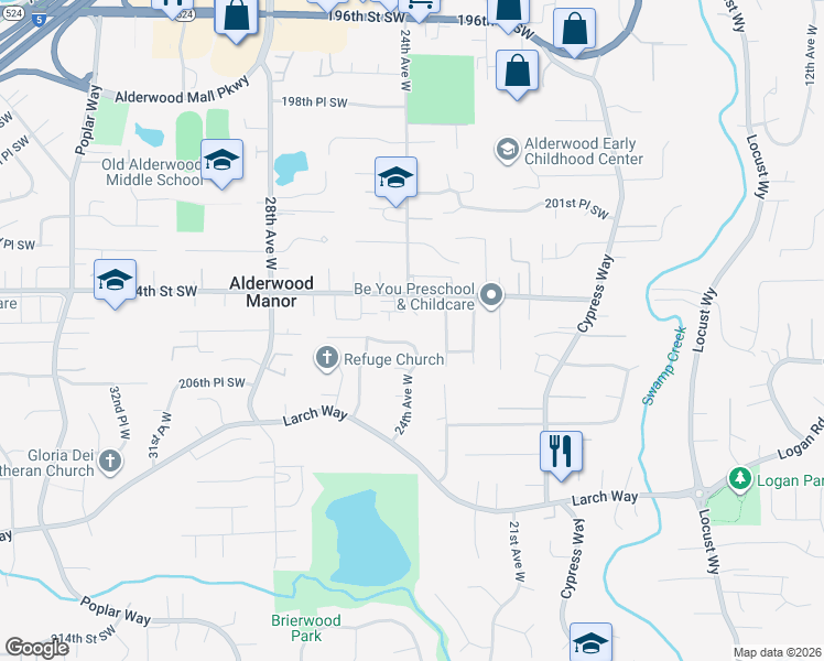 map of restaurants, bars, coffee shops, grocery stores, and more near 2401 205th Place Southwest in Lynnwood