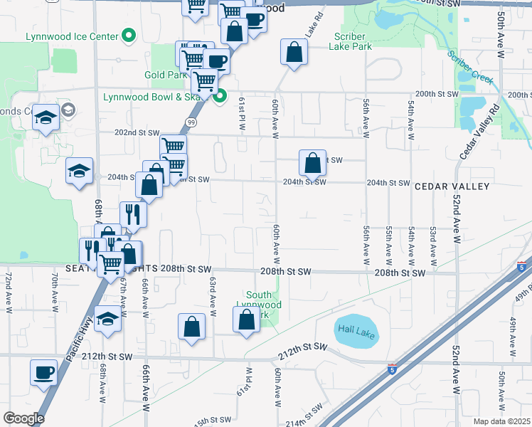 map of restaurants, bars, coffee shops, grocery stores, and more near 20510 60th Avenue West in Lynnwood