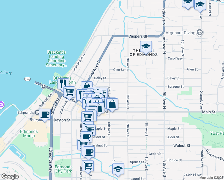 map of restaurants, bars, coffee shops, grocery stores, and more near 310 6th Avenue North in Edmonds