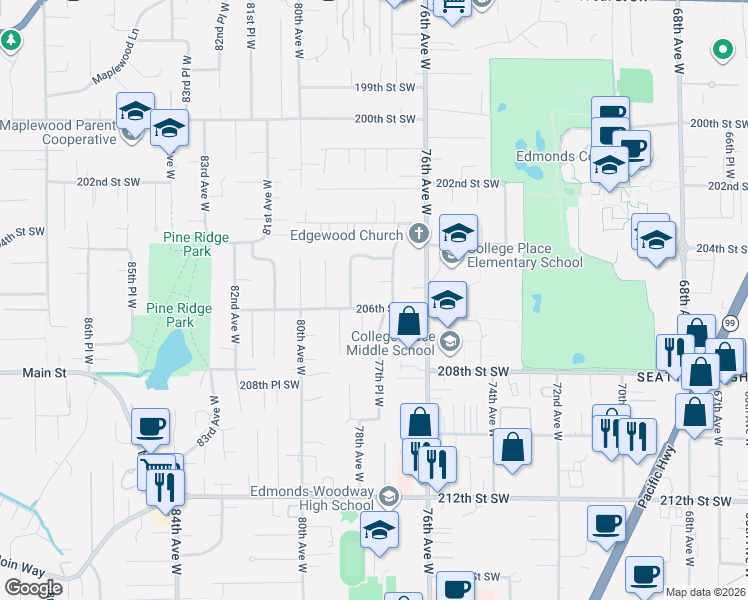 map of restaurants, bars, coffee shops, grocery stores, and more near 7709 206th Street Southwest in Edmonds