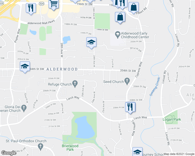 map of restaurants, bars, coffee shops, grocery stores, and more near 20425 24th Avenue West in Lynnwood
