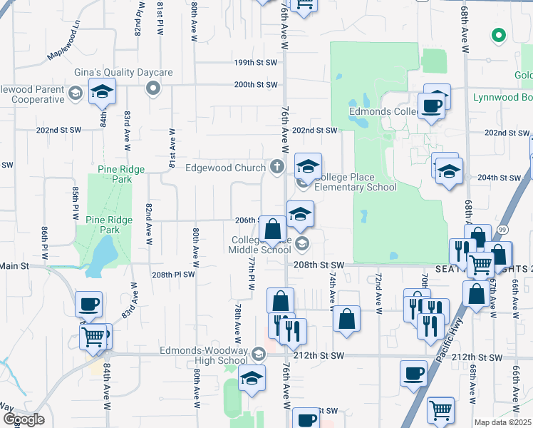 map of restaurants, bars, coffee shops, grocery stores, and more near 7615 206th Street Southwest in Edmonds