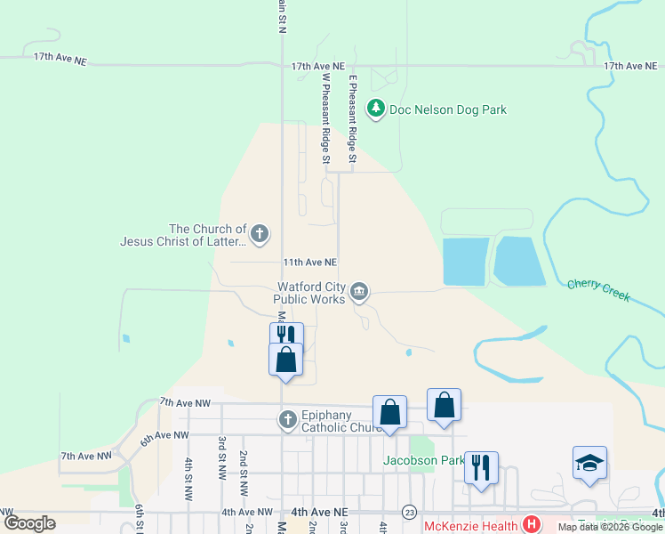map of restaurants, bars, coffee shops, grocery stores, and more near 209 11th Avenue Northeast in Watford City