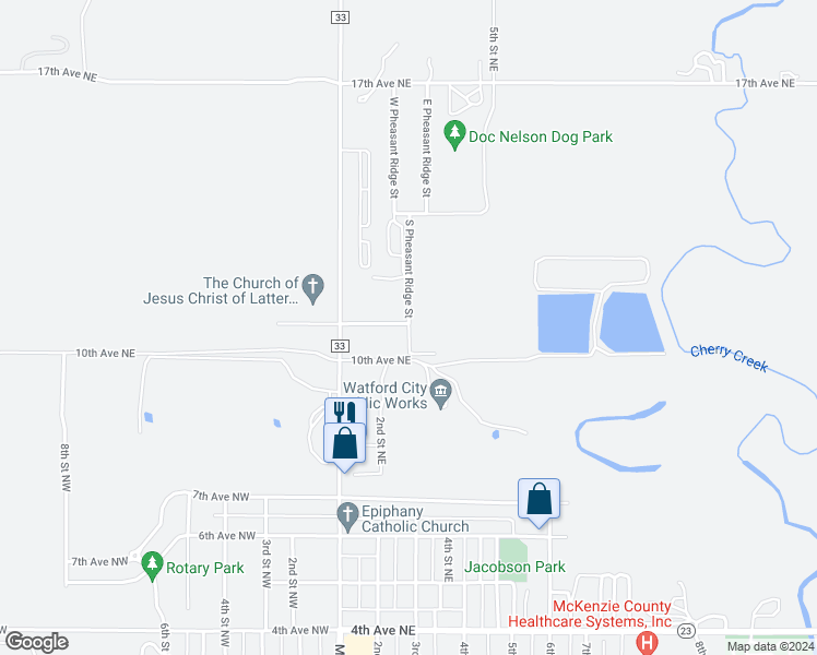 map of restaurants, bars, coffee shops, grocery stores, and more near 1005 South Pheasant Ridge Street in Watford City