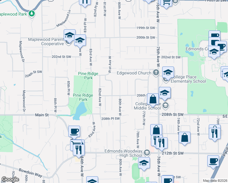 map of restaurants, bars, coffee shops, grocery stores, and more near 20517 81st Avenue West in Edmonds
