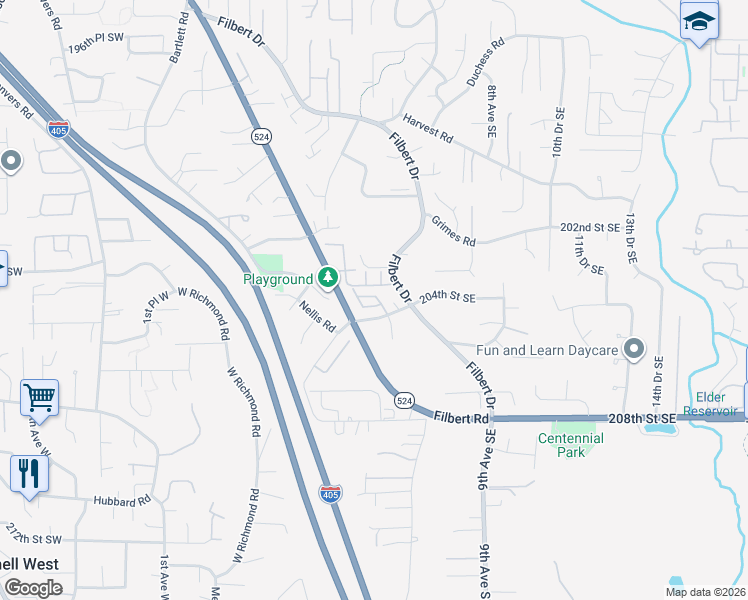 map of restaurants, bars, coffee shops, grocery stores, and more near 306 204th Place Southeast in Bothell