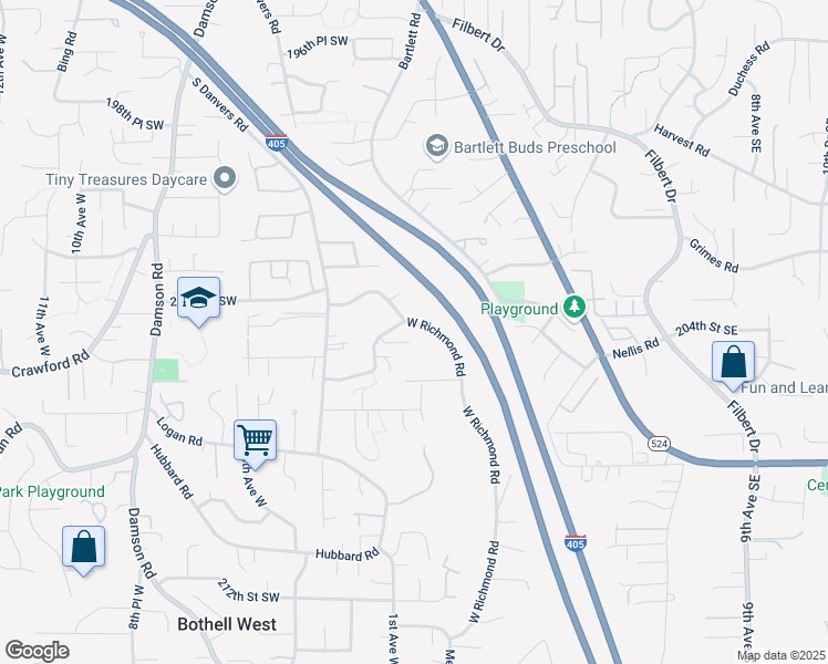 map of restaurants, bars, coffee shops, grocery stores, and more near 20408 West Richmond Road in Bothell