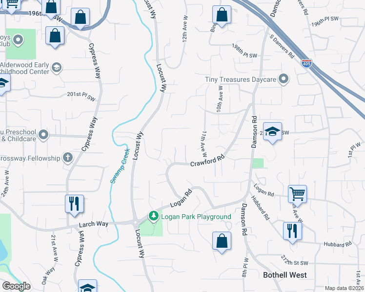 map of restaurants, bars, coffee shops, grocery stores, and more near 20410 12th Place West in Lynnwood