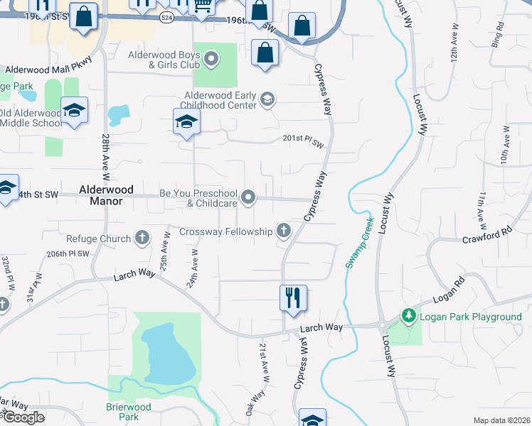 map of restaurants, bars, coffee shops, grocery stores, and more near 20504 21st Place West in Lynnwood