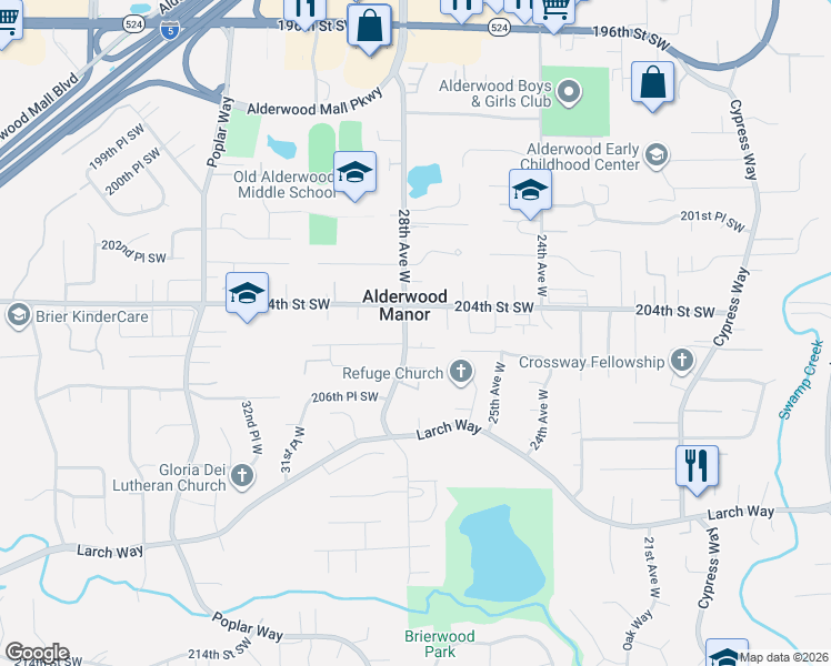 map of restaurants, bars, coffee shops, grocery stores, and more near 2806 205th Place Southwest in Lynnwood