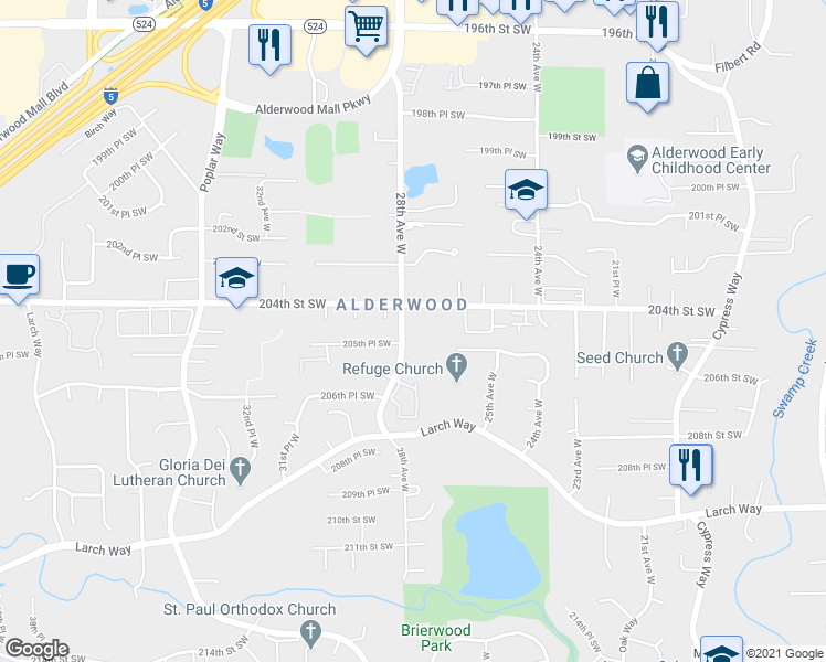 map of restaurants, bars, coffee shops, grocery stores, and more near 2806 205th Place Southwest in Lynnwood