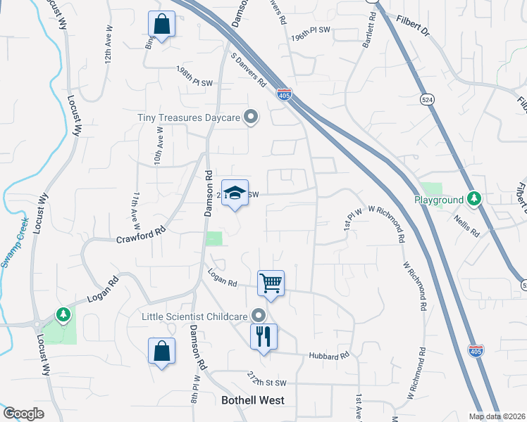 map of restaurants, bars, coffee shops, grocery stores, and more near 513 205th Street Southwest in Lynnwood