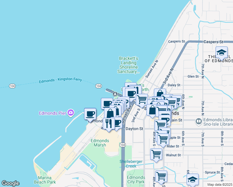 map of restaurants, bars, coffee shops, grocery stores, and more near Ferry Dock in Edmonds