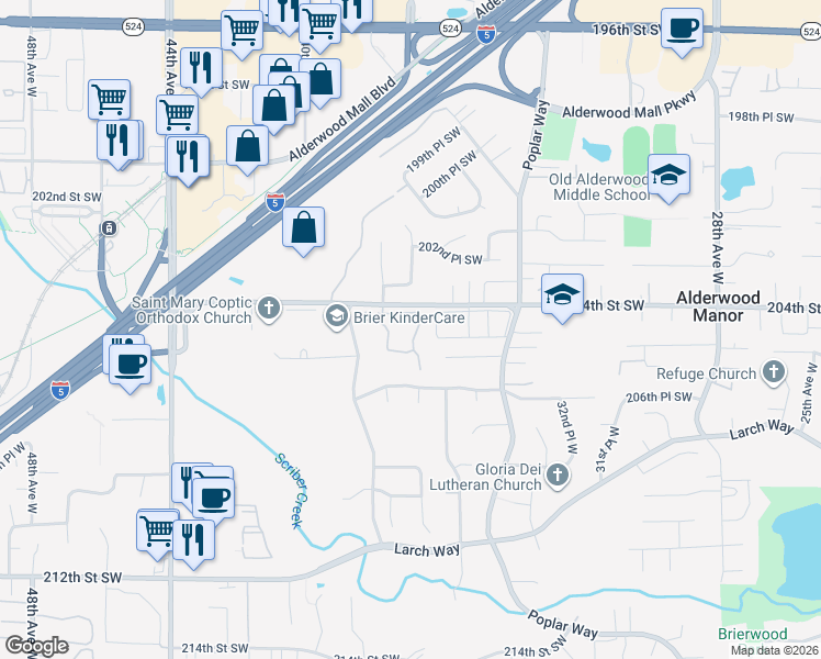 map of restaurants, bars, coffee shops, grocery stores, and more near 3702 204th Street Southwest in Lynnwood