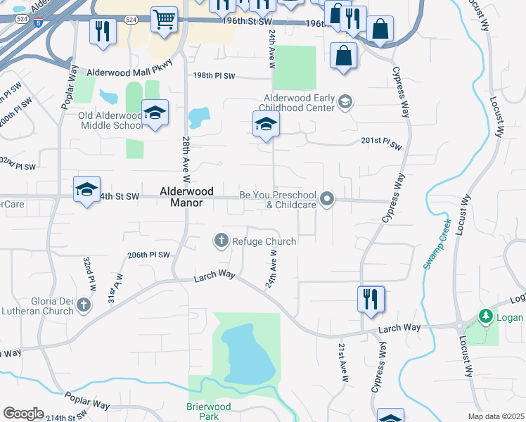 map of restaurants, bars, coffee shops, grocery stores, and more near 2425 205th Place Southwest in Lynnwood