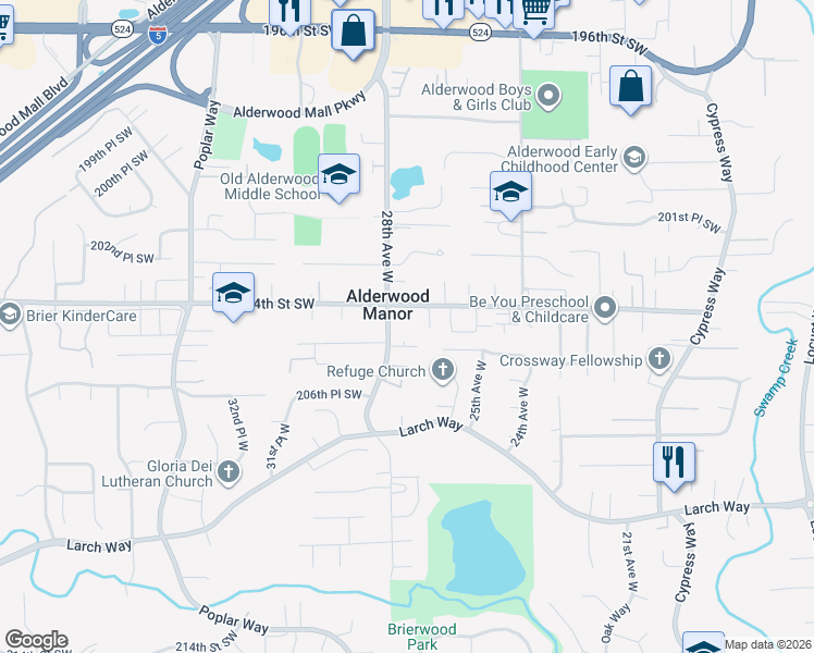 map of restaurants, bars, coffee shops, grocery stores, and more near 2627 205th Place Southwest in Lynnwood