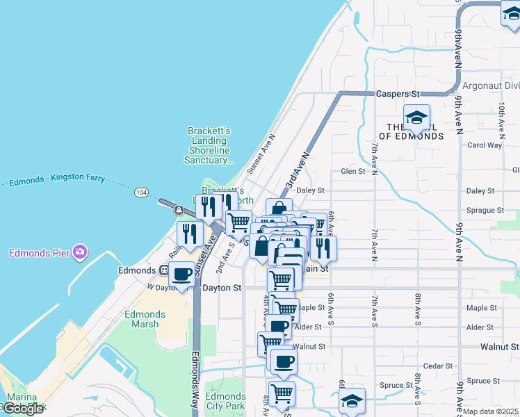 map of restaurants, bars, coffee shops, grocery stores, and more near 189 3rd Avenue North in Edmonds