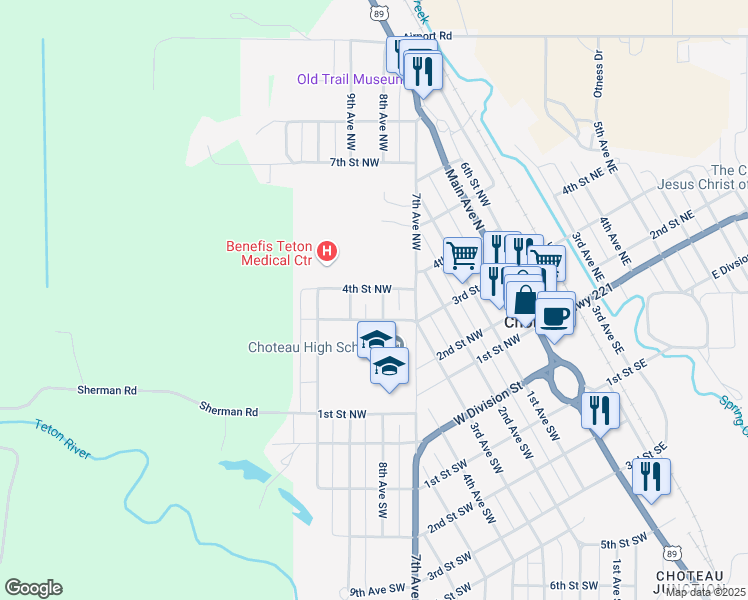map of restaurants, bars, coffee shops, grocery stores, and more near 314 8th Avenue Northwest in Choteau