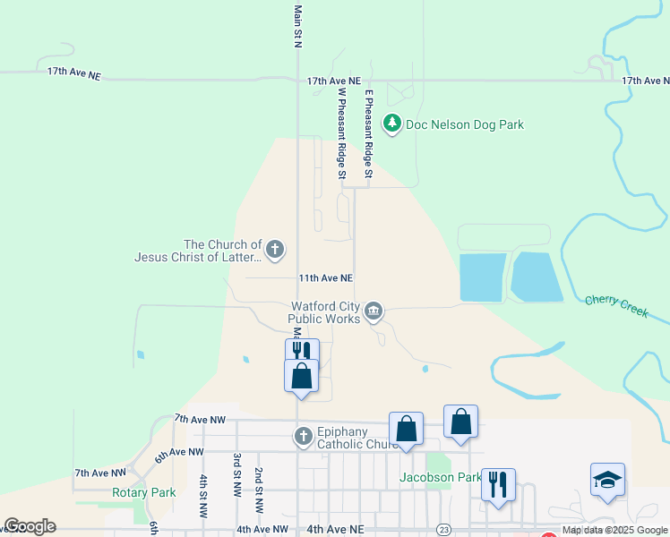 map of restaurants, bars, coffee shops, grocery stores, and more near 209 11th Avenue Northeast in Watford City