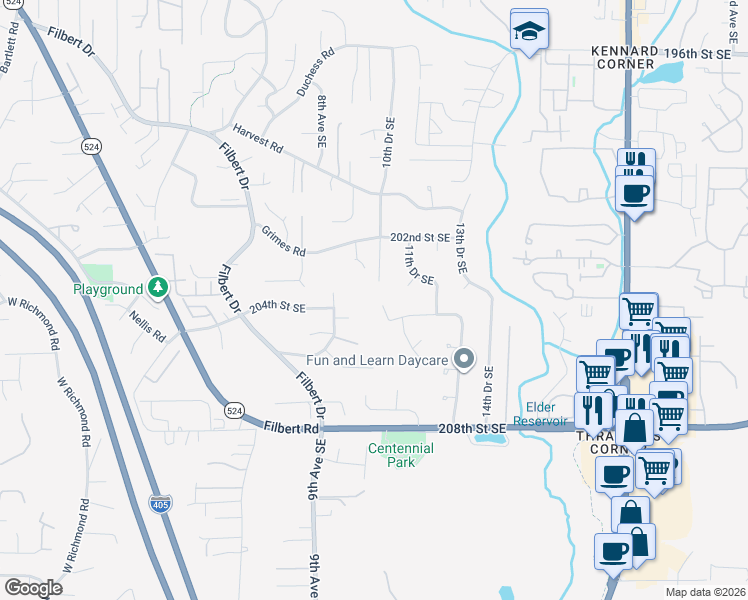 map of restaurants, bars, coffee shops, grocery stores, and more near 1102 204th Place Southeast in Bothell