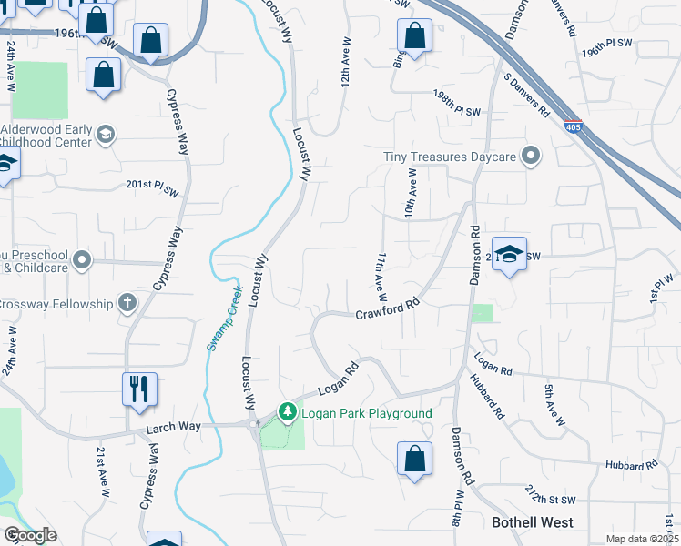 map of restaurants, bars, coffee shops, grocery stores, and more near 20426 12th Place West in Lynnwood