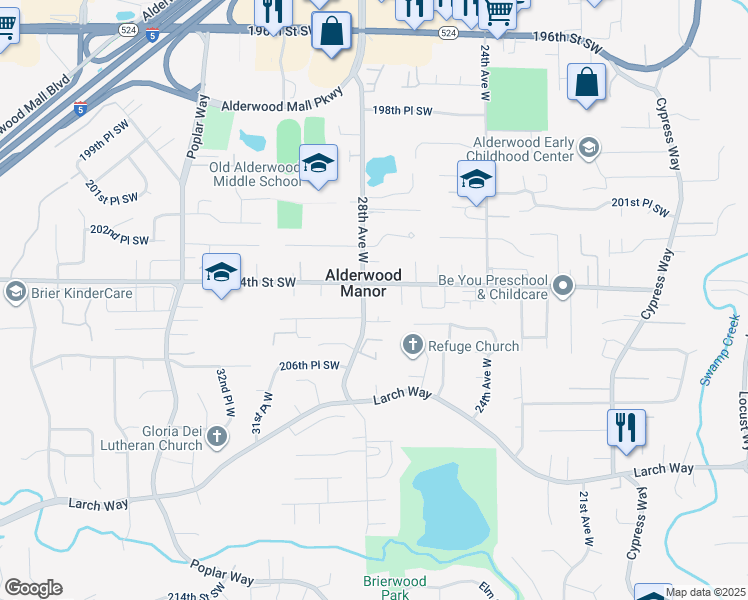 map of restaurants, bars, coffee shops, grocery stores, and more near 2806 205th Place Southwest in Lynnwood